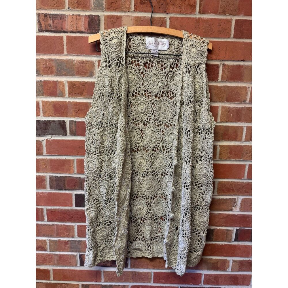 Crochet Cotton Duster Vest Boho Natural Beige Button Down